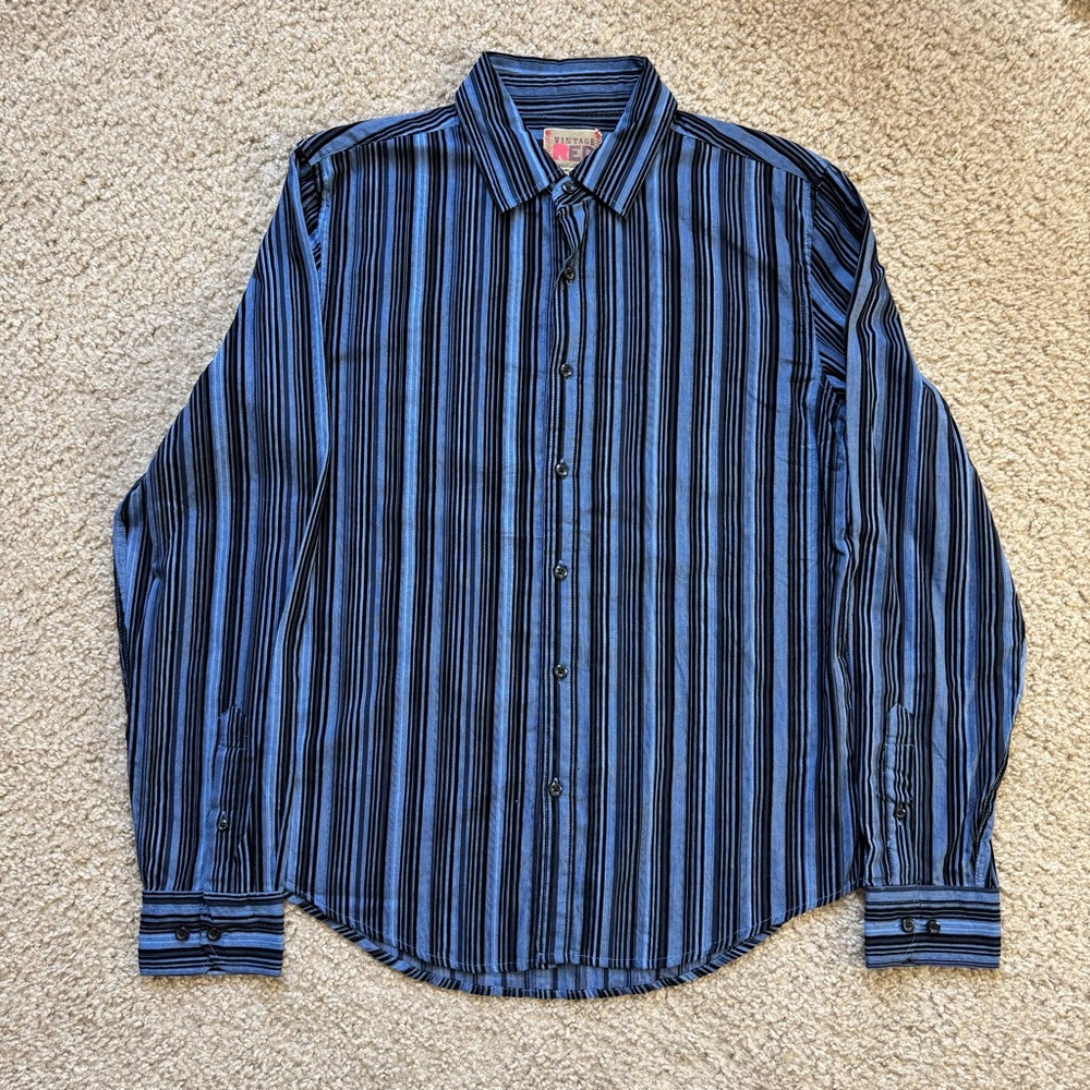 Vintage RED Blue Black Velvet Striped Shirt Long Sleeve Button Down
